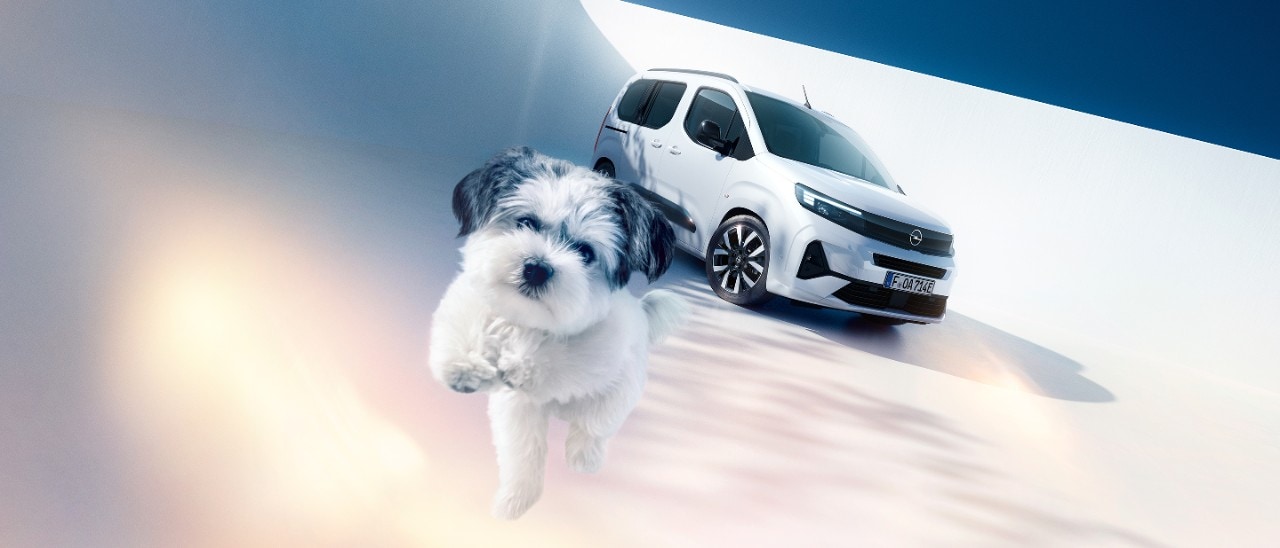 Egy fehér Opel Combo Electric egyterű első oldalnézetből és egy kutya